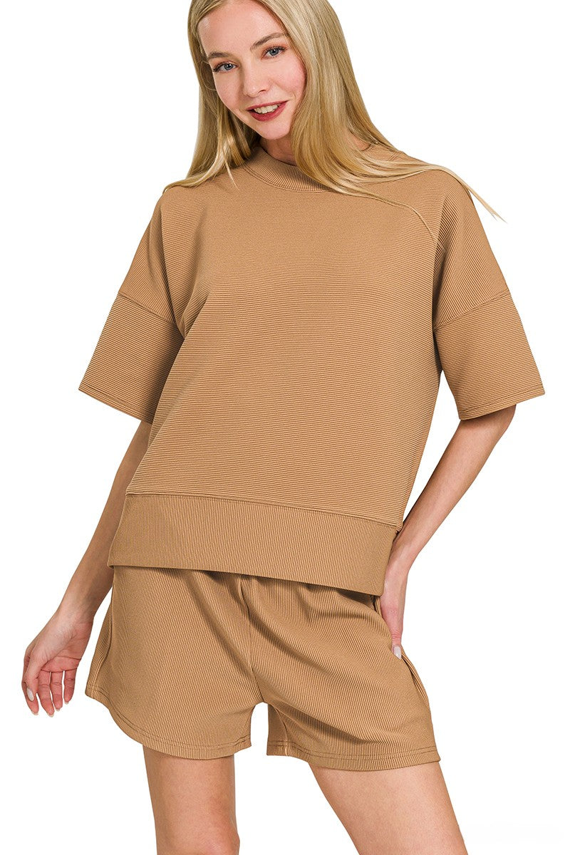 Fine-Ribbed Round-Neck Banded Tee and Shorts Lounge Set