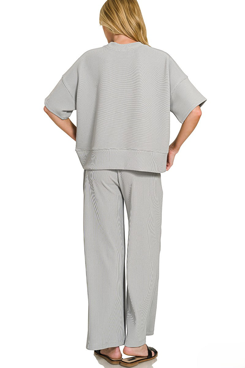 Fine-Ribbed Round-Neck Tee and Wide-Leg Pants Lounge Set