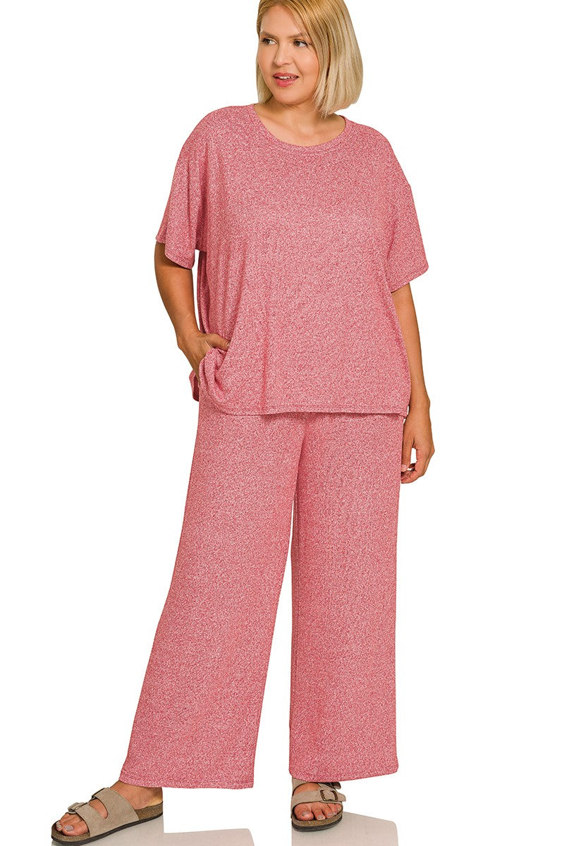 Plus Soft Melange Short-Sleeve Tee and Wide-Leg Pants Lounge Set