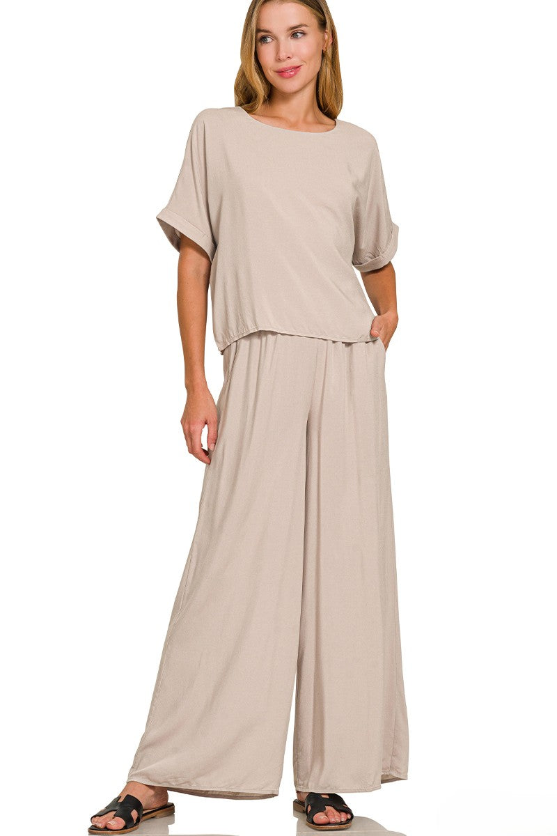 Breezy Woven Short-Sleeve Top and Straight-Leg Pants Lounge Set