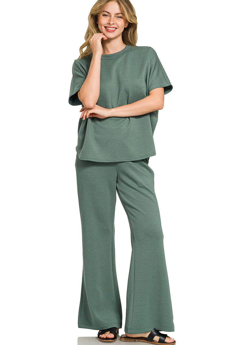 2-Piece Scuba Set: Curved Hem Oversized Top & Bell Bottom Pants