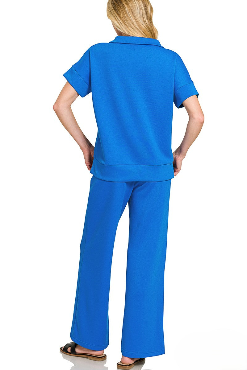 Luxe Scuba Two-Piece Set: High Neck Half-Zip Top & Flowy Pants