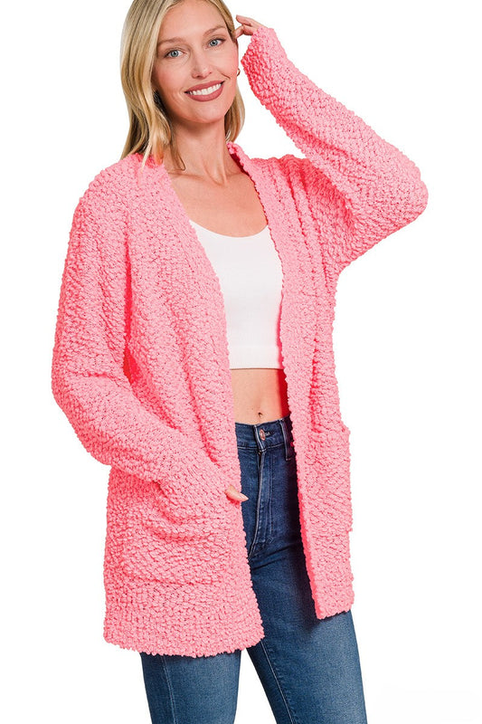 Cozy Popcorn Knit Open Front Cardigan with Pockets