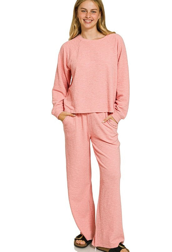Slub-Knit Long-Sleeve Pullover and Pants Two-Piece Lounge Set