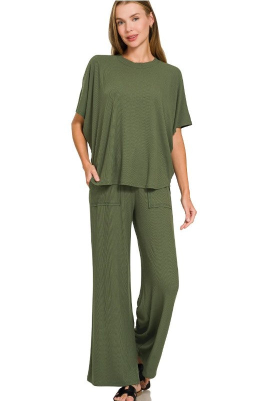 Ribbed Rayon Relaxed-Fit Flowy Pants Lounge Set