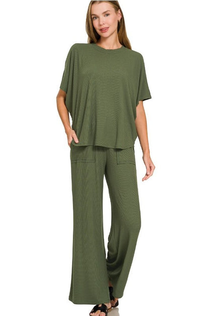 Ribbed Rayon Relaxed-Fit Flowy Pants Lounge Set