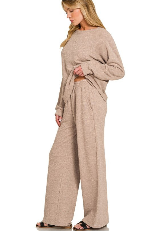 Slub-Knit Long-Sleeve Pullover and Pants Two-Piece Lounge Set