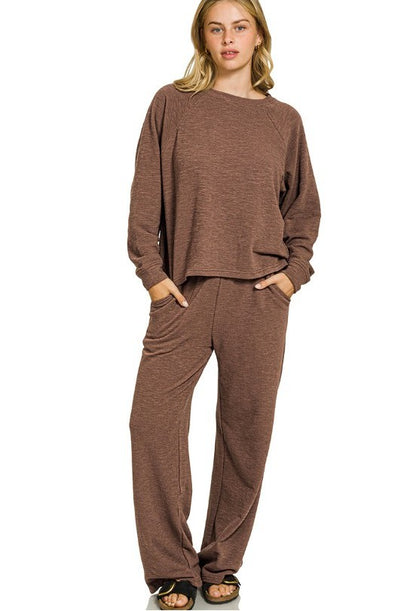 Slub-Knit Long-Sleeve Pullover and Pants Two-Piece Lounge Set