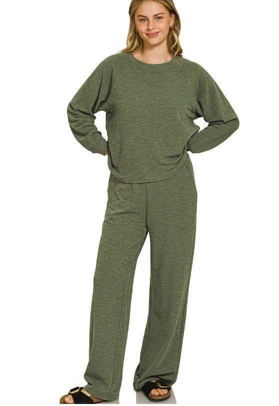 Slub-Knit Long-Sleeve Pullover and Pants Two-Piece Lounge Set