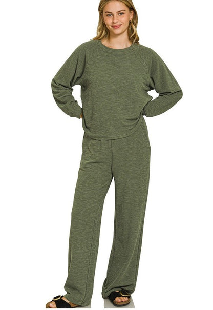 Slub-Knit Long-Sleeve Pullover and Pants Two-Piece Lounge Set