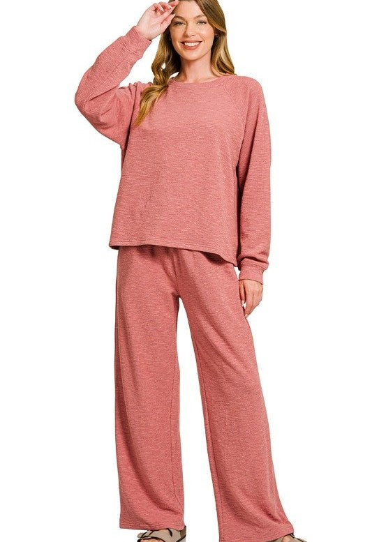 Slub-Knit Long-Sleeve Pullover and Pants Two-Piece Lounge Set