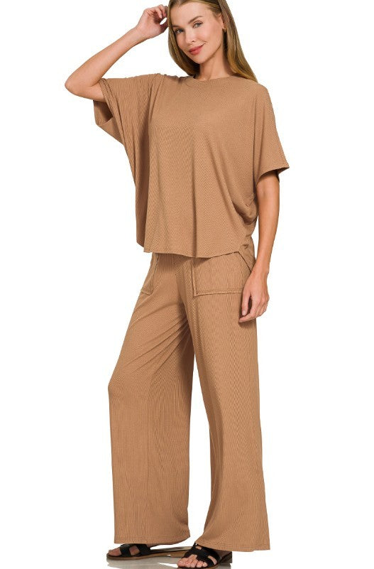 Ribbed Rayon Relaxed-Fit Flowy Pants Lounge Set
