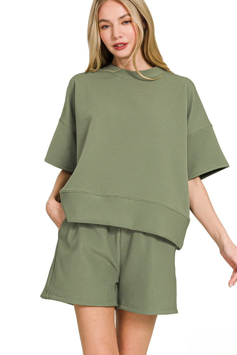 Fine-Ribbed Round-Neck Banded Tee and Shorts Lounge Set