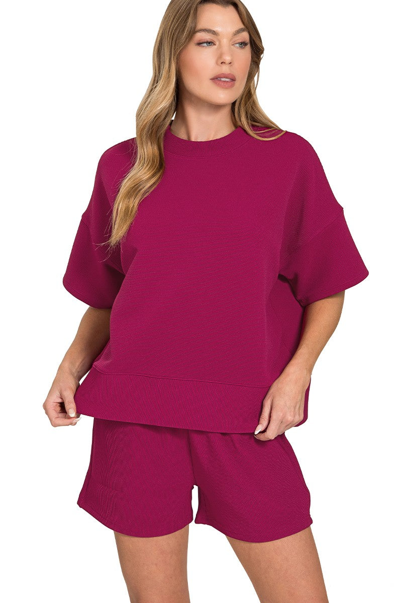 Fine-Ribbed Round-Neck Banded Tee and Shorts Lounge Set