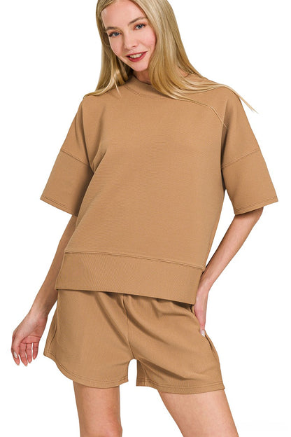 Fine-Ribbed Round-Neck Banded Tee and Shorts Lounge Set