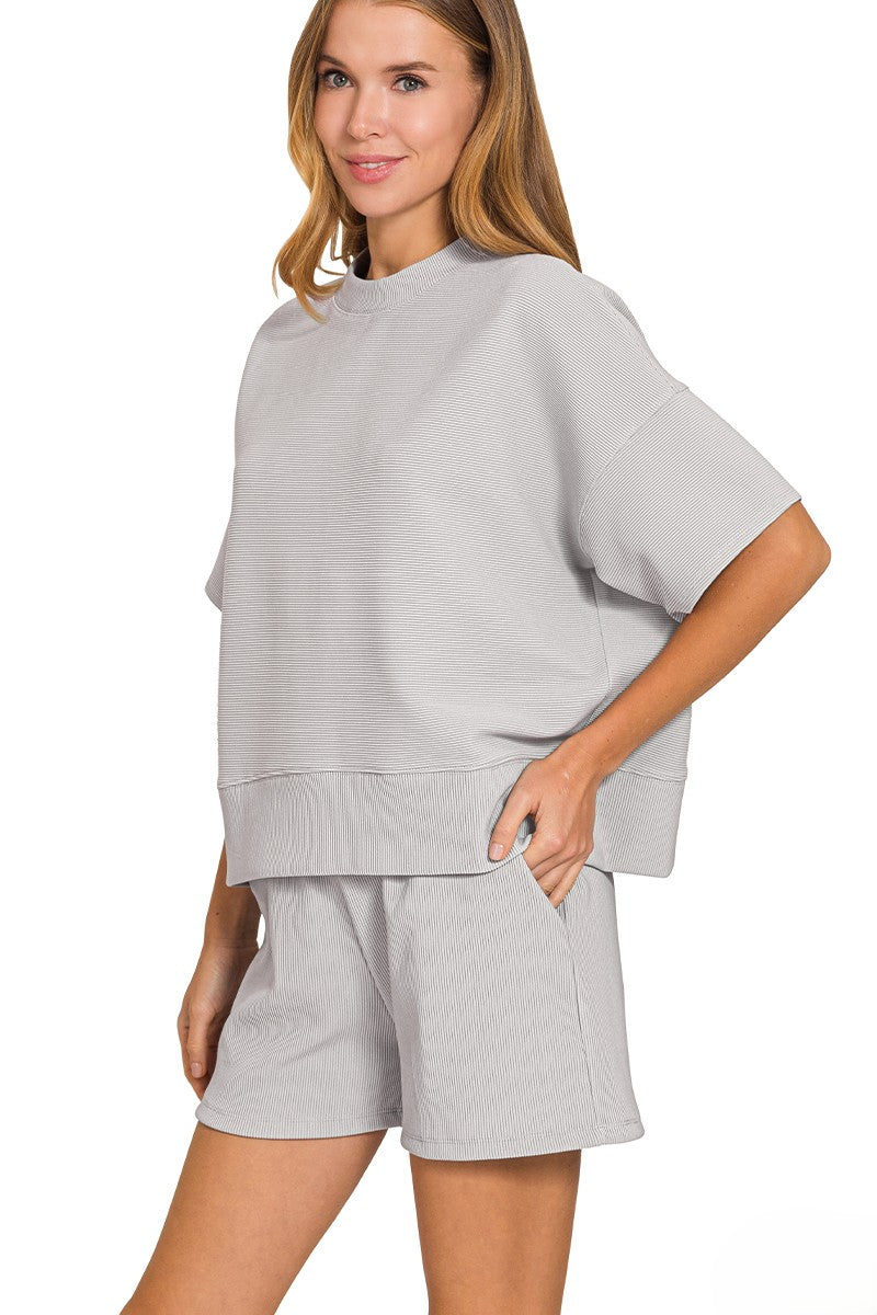 Fine-Ribbed Round-Neck Banded Tee and Shorts Lounge Set