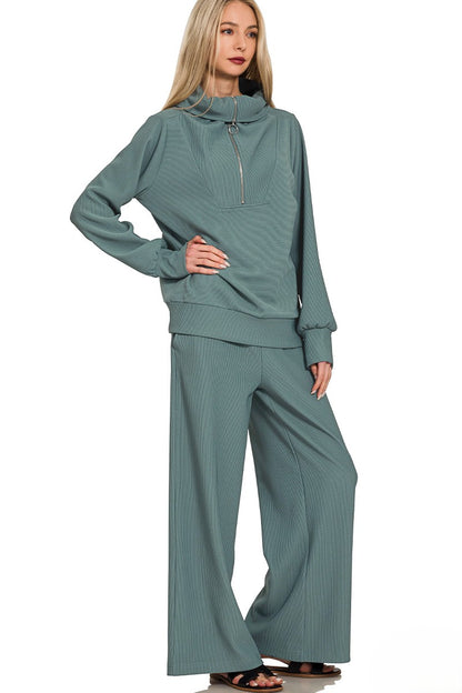Ribbed Mock Neck Half-Zip Sweater & Trouser Set
