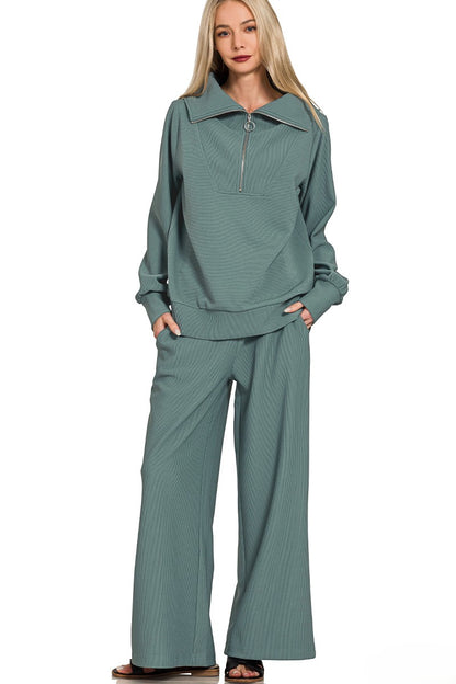 Ribbed Mock Neck Half-Zip Sweater & Trouser Set