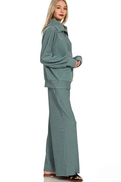 Ribbed Mock Neck Half-Zip Sweater & Trouser Set