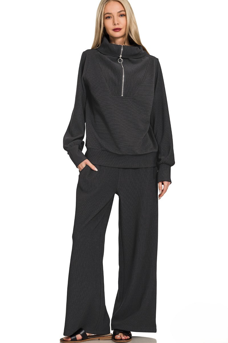 Ribbed Mock Neck Half-Zip Sweater & Trouser Set