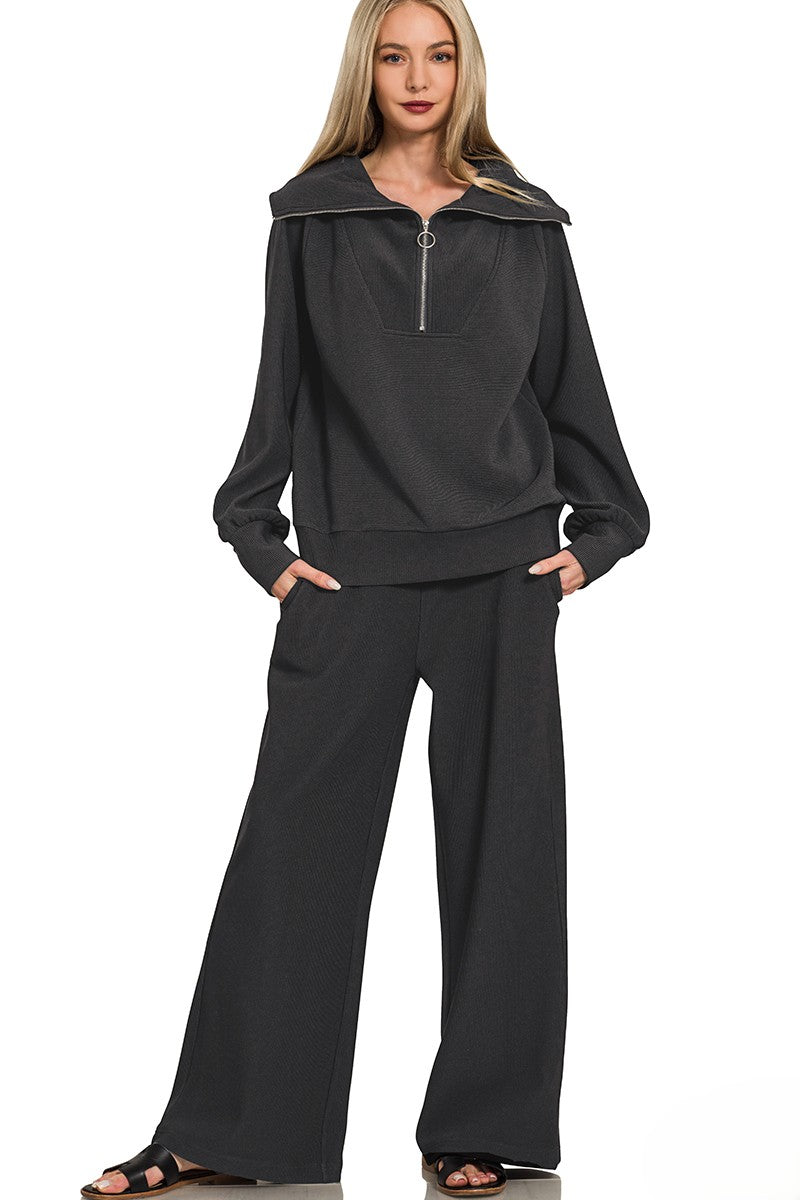 Ribbed Mock Neck Half-Zip Sweater & Trouser Set