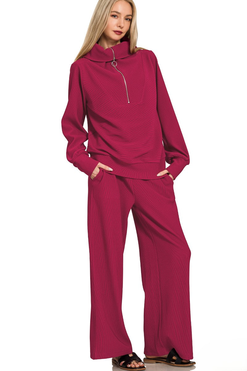 Ribbed Mock Neck Half-Zip Sweater & Trouser Set