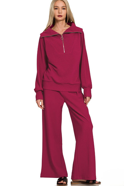 Ribbed Mock Neck Half-Zip Sweater & Trouser Set