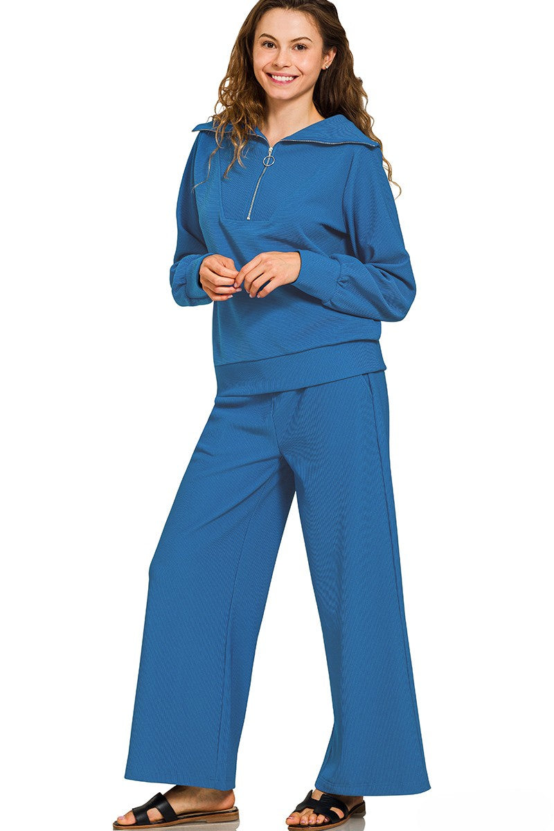 Ribbed Mock Neck Half-Zip Sweater & Trouser Set