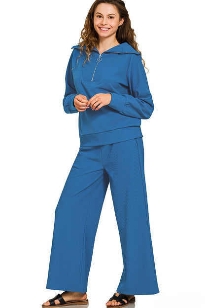 Ribbed Mock Neck Half-Zip Sweater & Trouser Set