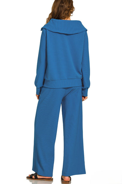 Ribbed Mock Neck Half-Zip Sweater & Trouser Set