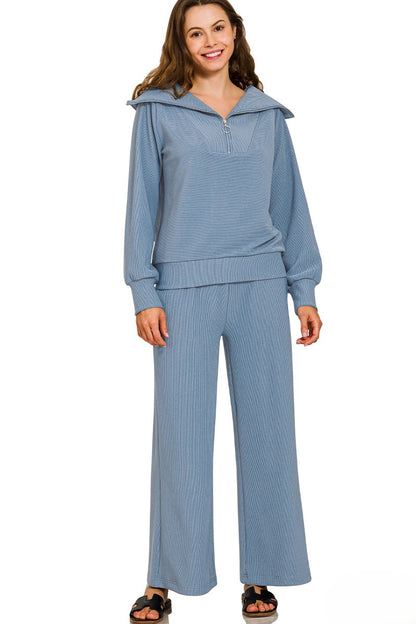 Ribbed Mock Neck Half-Zip Sweater & Trouser Set