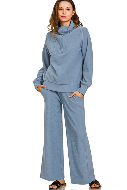 Ribbed Mock Neck Half-Zip Sweater & Trouser Set