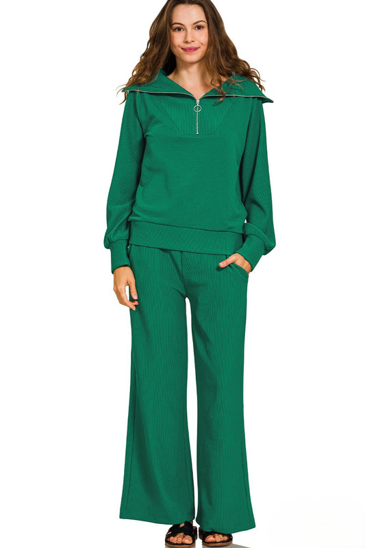 Ribbed Mock Neck Half-Zip Sweater & Trouser Set