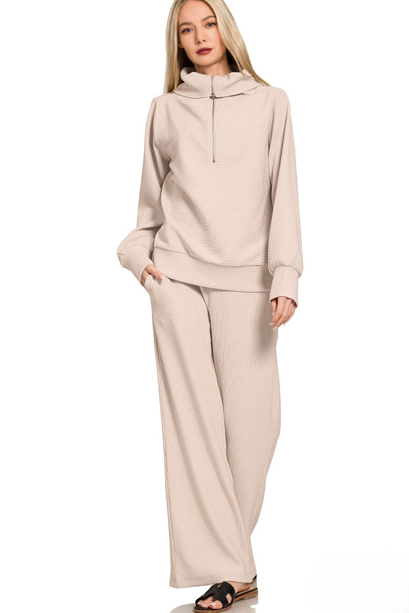 Ribbed Mock Neck Half-Zip Sweater & Trouser Set