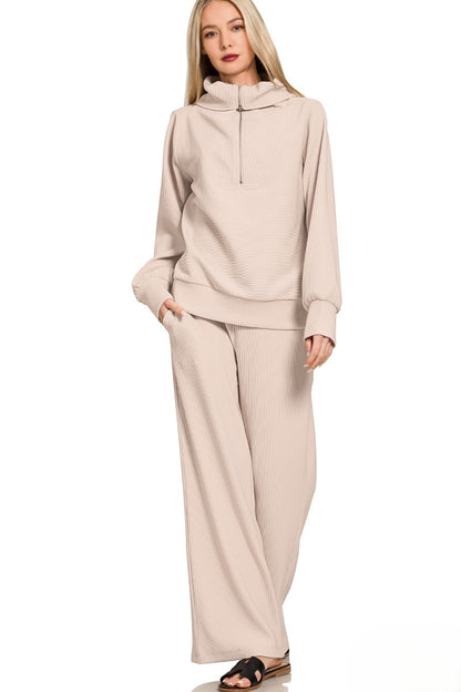 Ribbed Mock Neck Half-Zip Sweater & Trouser Set