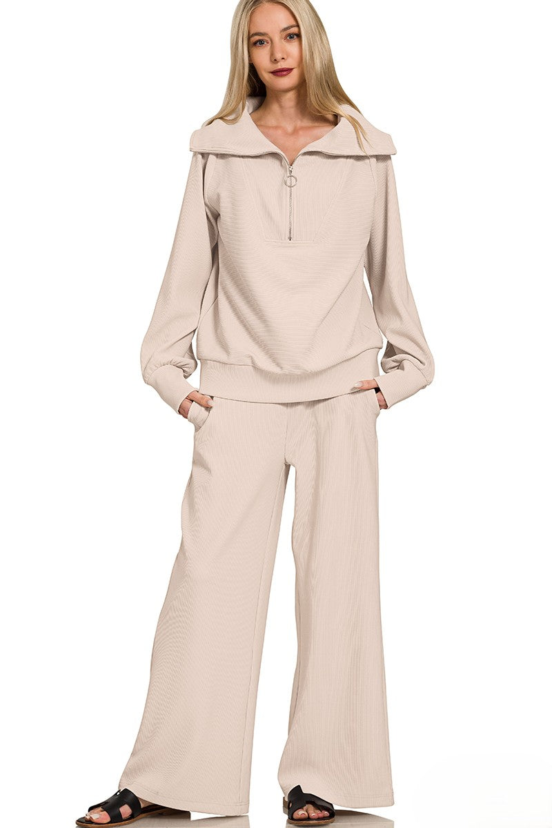Ribbed Mock Neck Half-Zip Sweater & Trouser Set