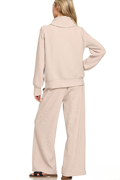 Ribbed Mock Neck Half-Zip Sweater & Trouser Set