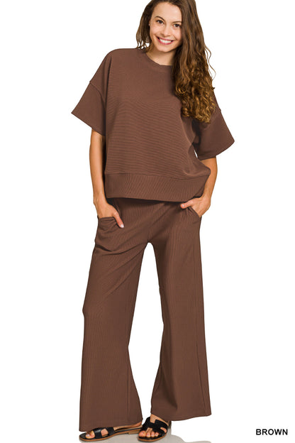 Fine-Ribbed Round-Neck Tee and Wide-Leg Pants Lounge Set