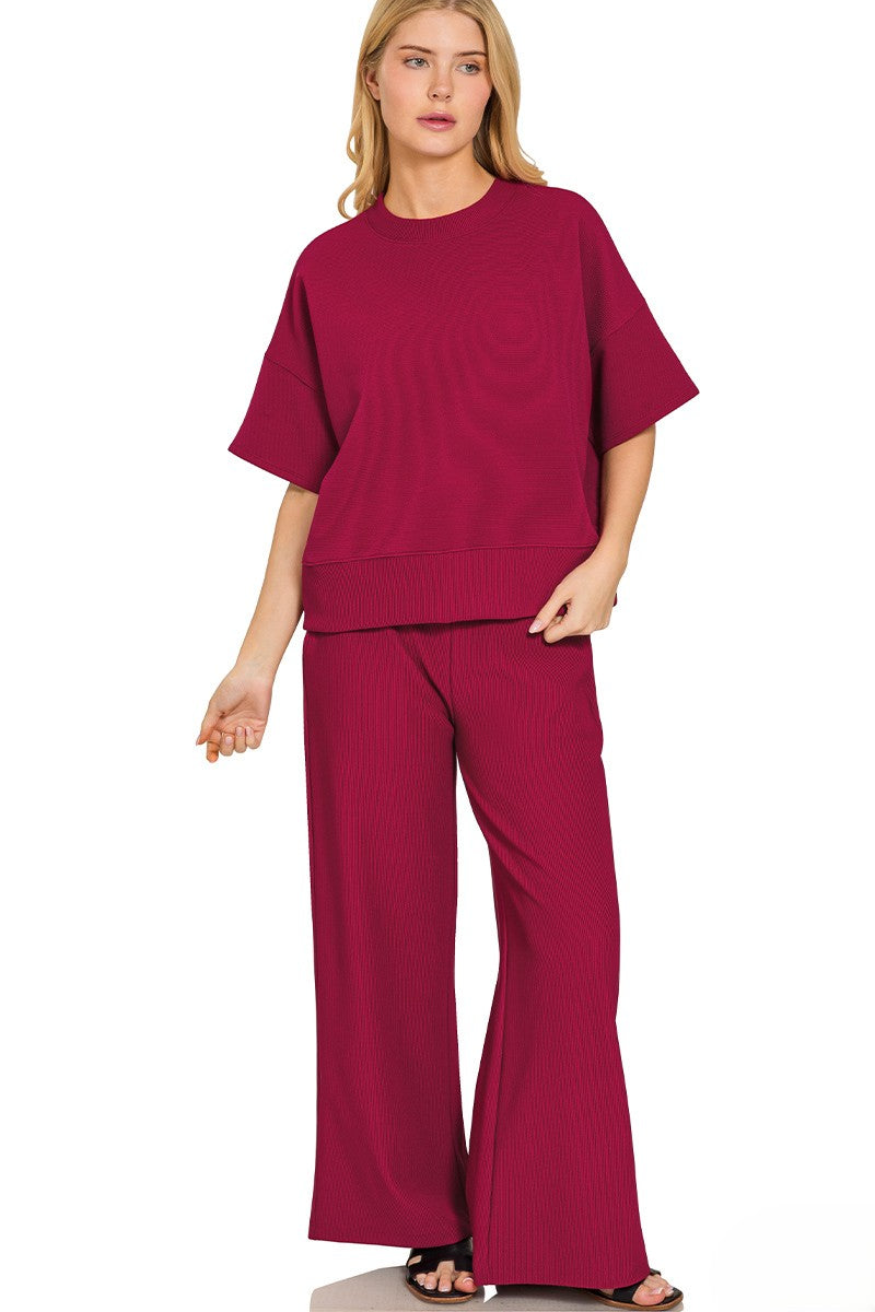 Fine-Ribbed Round-Neck Tee and Wide-Leg Pants Lounge Set