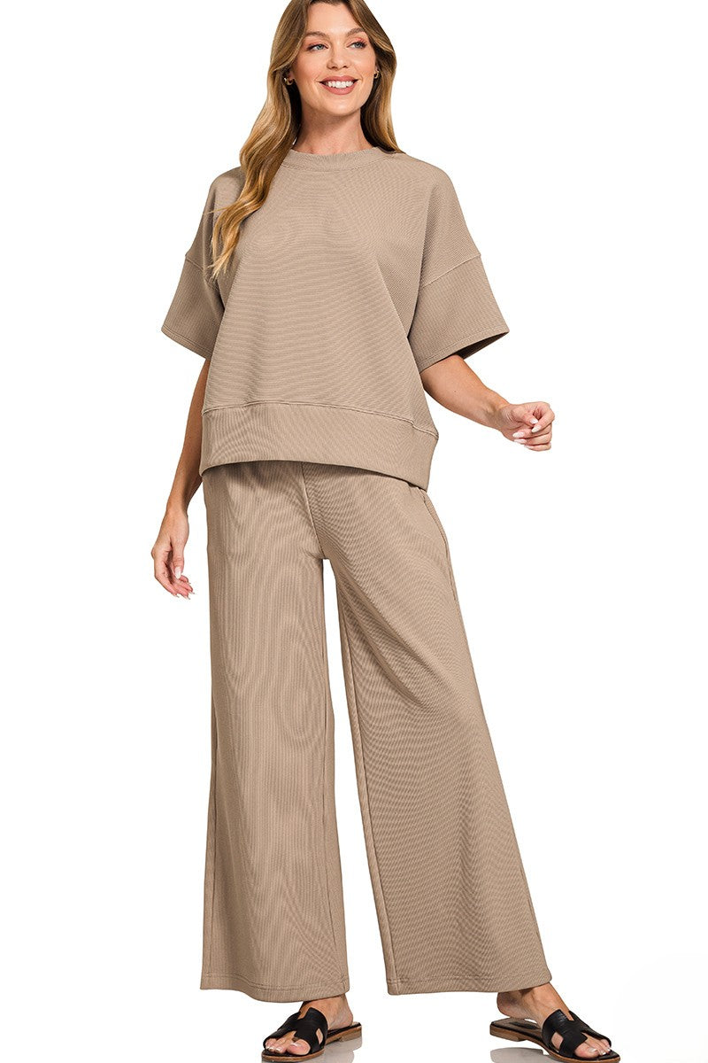 Fine-Ribbed Round-Neck Tee and Wide-Leg Pants Lounge Set