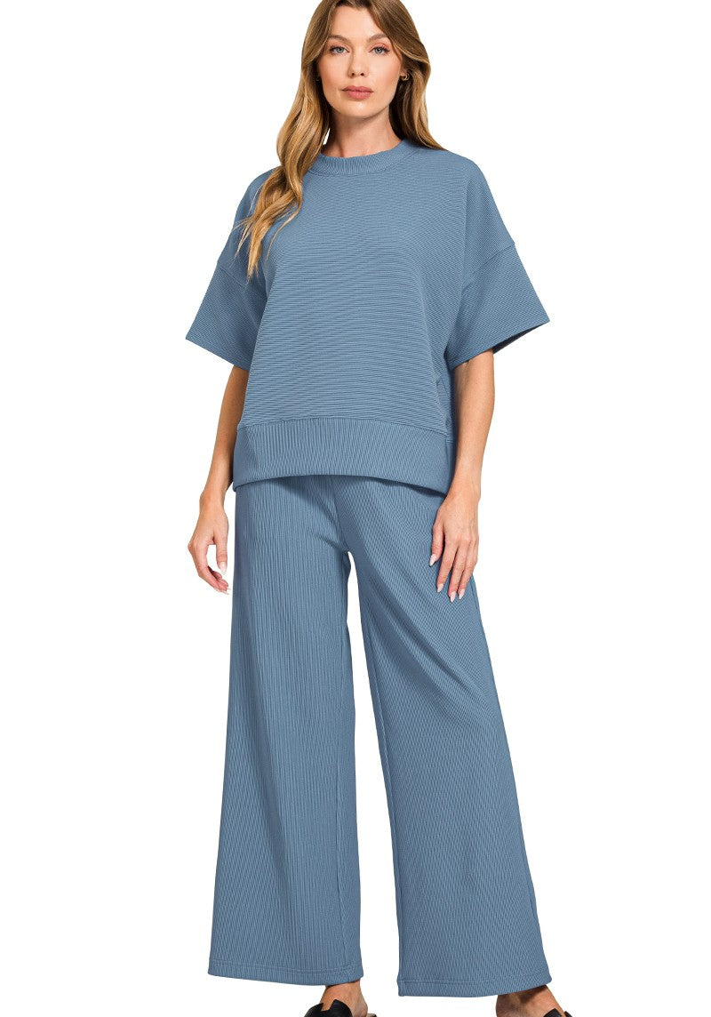 Fine-Ribbed Round-Neck Tee and Wide-Leg Pants Lounge Set