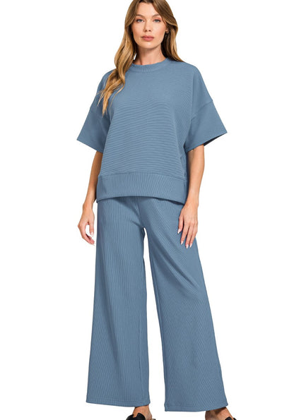 Fine-Ribbed Round-Neck Tee and Wide-Leg Pants Lounge Set
