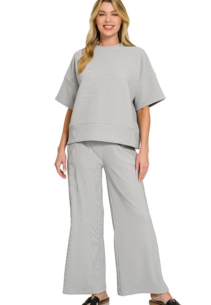 Fine-Ribbed Round-Neck Tee and Wide-Leg Pants Lounge Set