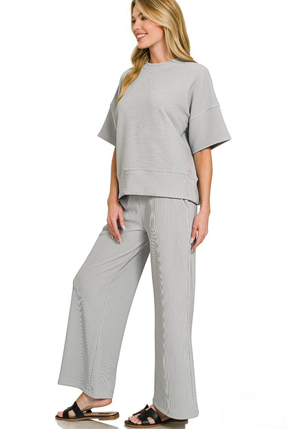 Fine-Ribbed Round-Neck Tee and Wide-Leg Pants Lounge Set