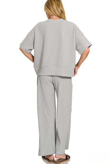 Fine-Ribbed Round-Neck Tee and Wide-Leg Pants Lounge Set
