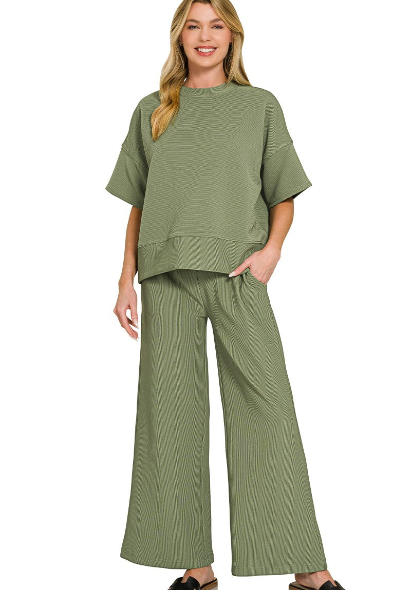Fine-Ribbed Round-Neck Tee and Wide-Leg Pants Lounge Set