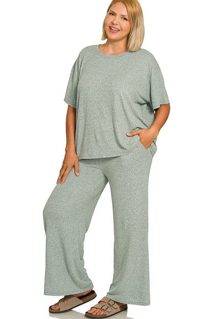 Plus Soft Melange Short-Sleeve Tee and Wide-Leg Pants Lounge Set