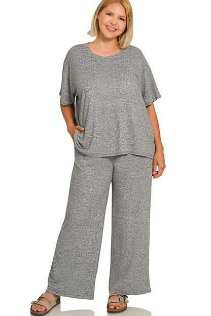 Plus Soft Melange Short-Sleeve Tee and Wide-Leg Pants Lounge Set