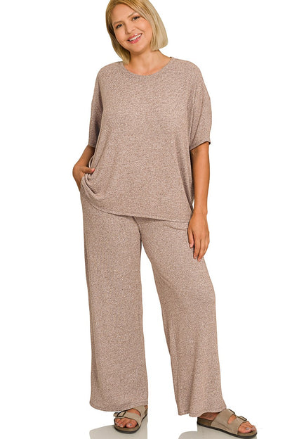 Plus Soft Melange Short-Sleeve Tee and Wide-Leg Pants Lounge Set