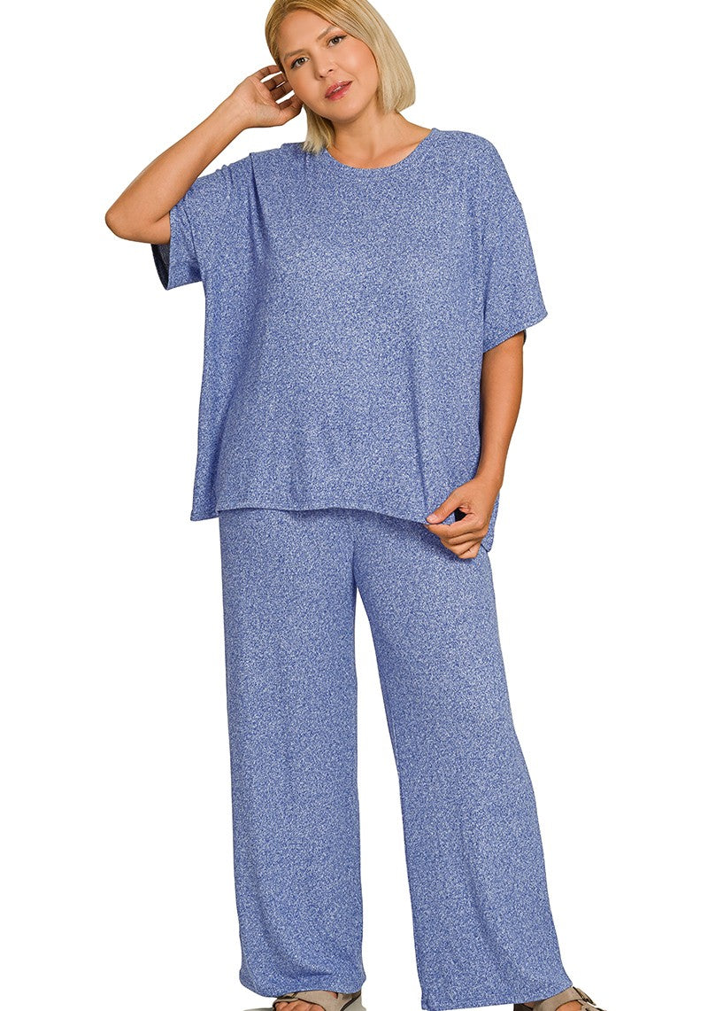 Plus Soft Melange Short-Sleeve Tee and Wide-Leg Pants Lounge Set
